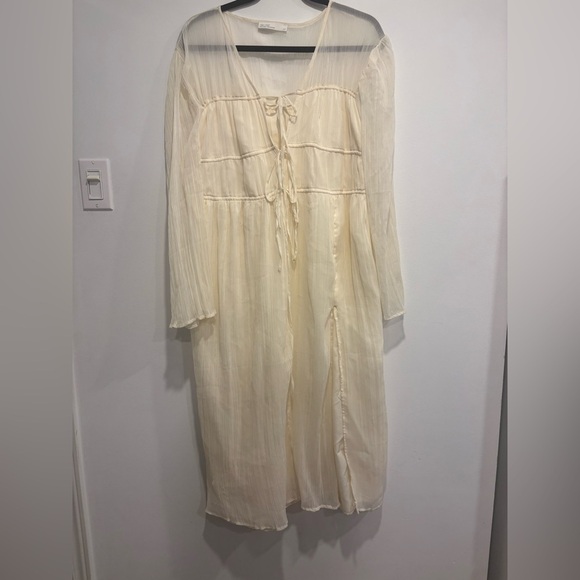 Oak + Fort Sheer Pleated BOHO Midi Dress in Ivory – Long Sleeve (Size M) - Picture 2 of 7